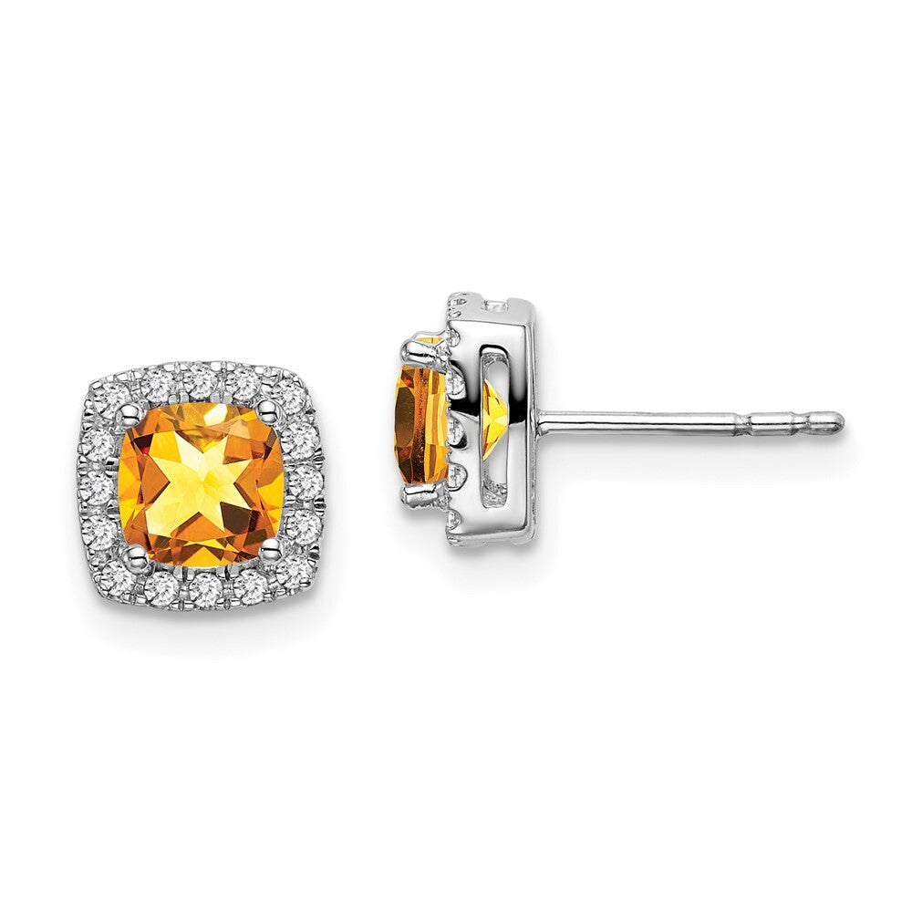 14k White Gold Cushion Citrine and Diamond Halo Stud Earrings
