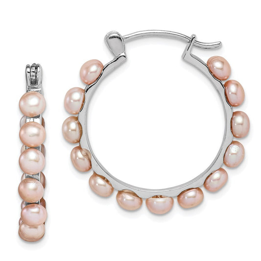 Sterling Silver 4-5mm Pink Button Freshwater Cultured Pearl Hoop Earrings