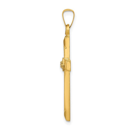 14k Yellow Gold Textured and Polished Diamond Cross Pendant for Women