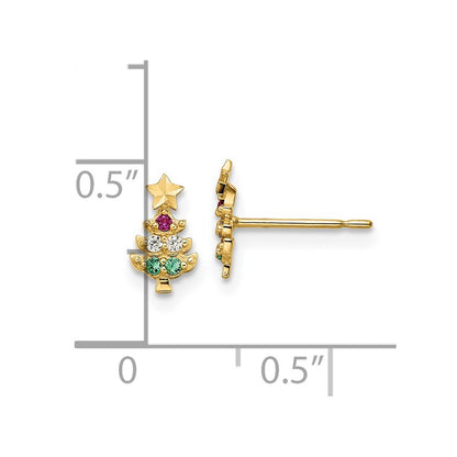 14k Gold Red & Clear Cubic Zirconia & Green Glass Christmas Tree Stud Earrings