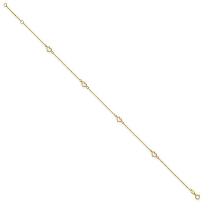 14k Yellow Gold Open Hearts 4-Station 11" Anklet