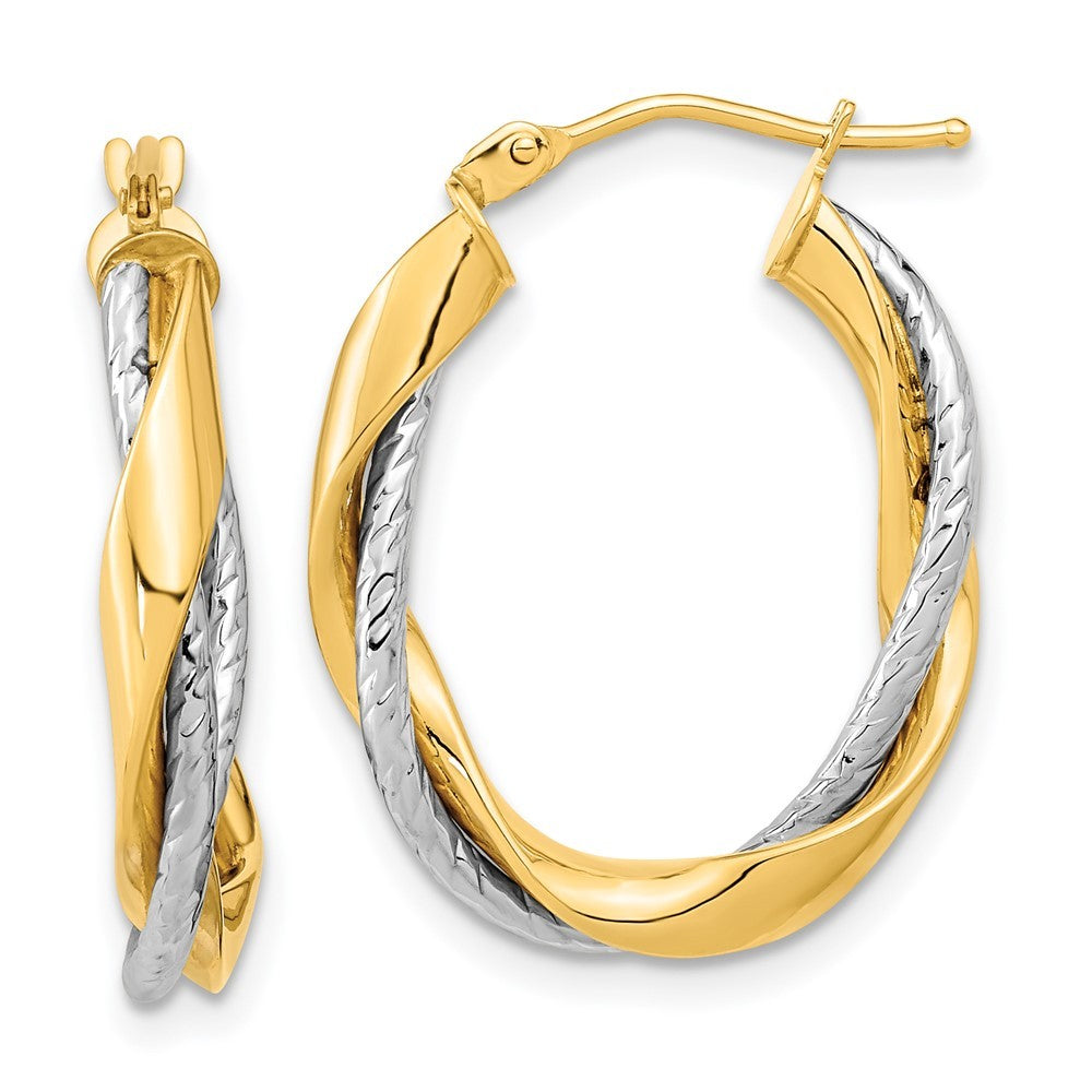 14k Two-tone Gold Polished Rope Twisted Oval Hoop Earrings