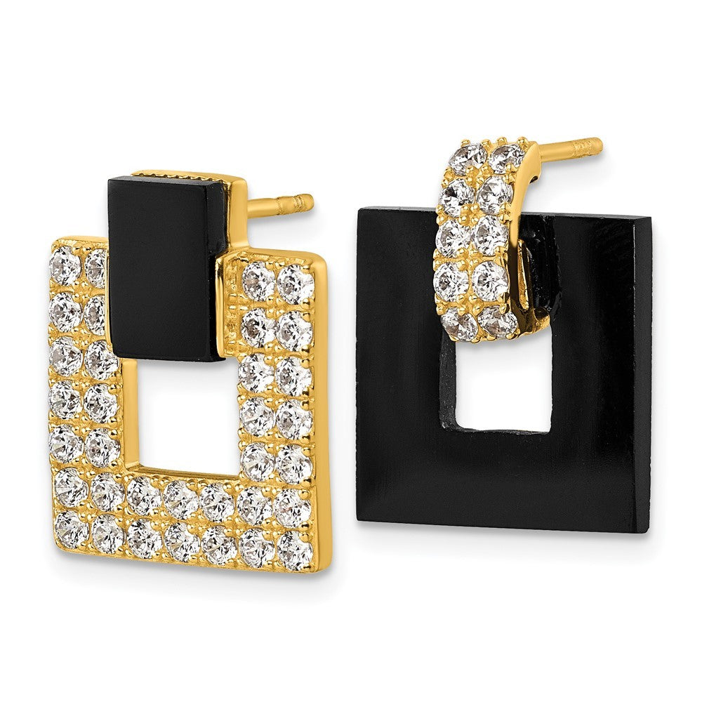Sterling Silver Polished CZ & Black Agate Square Dangle Mis-Matched Earrings