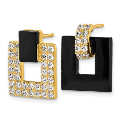 Sterling Silver Polished CZ & Black Agate Square Dangle Mis-Matched Earrings
