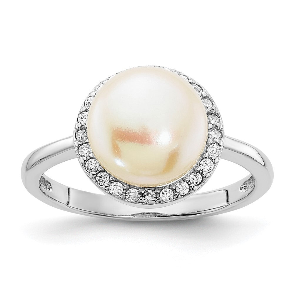 Sterling Silver 9-10mm Button White Freshwater Cultured Pearl and CZ Ring Size 6