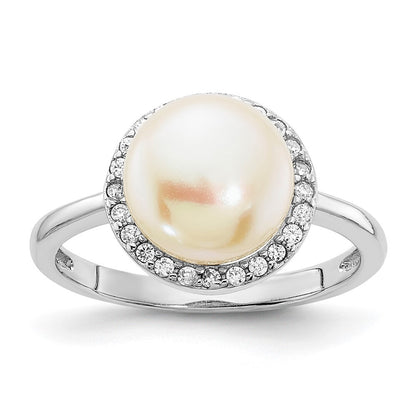 Sterling Silver 9-10mm Button White Freshwater Cultured Pearl and CZ Ring Size 6