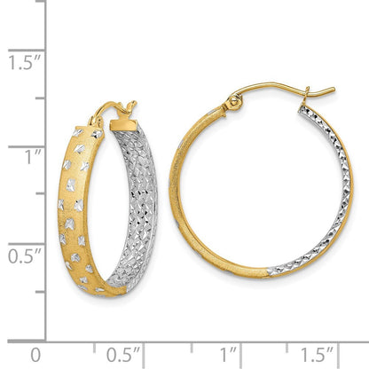 14k Yellow Gold White Rhodium Polished Satin Diamond-cut In/Out Hoop Earrings