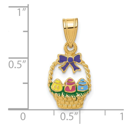 14k Yellow Gold Enameled Easter Basket  Bow and Eggs Charm Pendant for Women