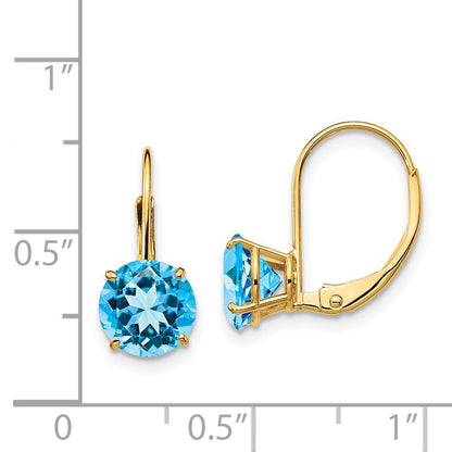 14k Yellow Gold 7mm Blue Topaz Dangle Earrings Leverback Gift for Women