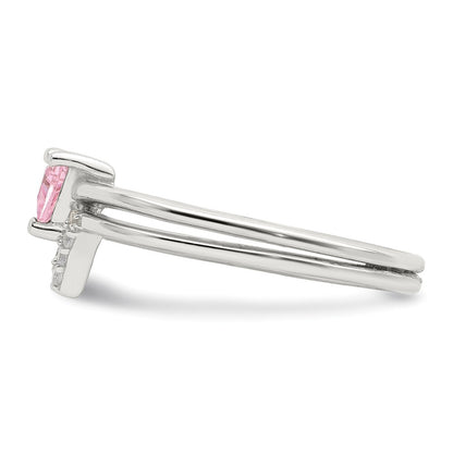 Sterling Silver Pink Trillion CZ and White CZ Ring Set Size 8