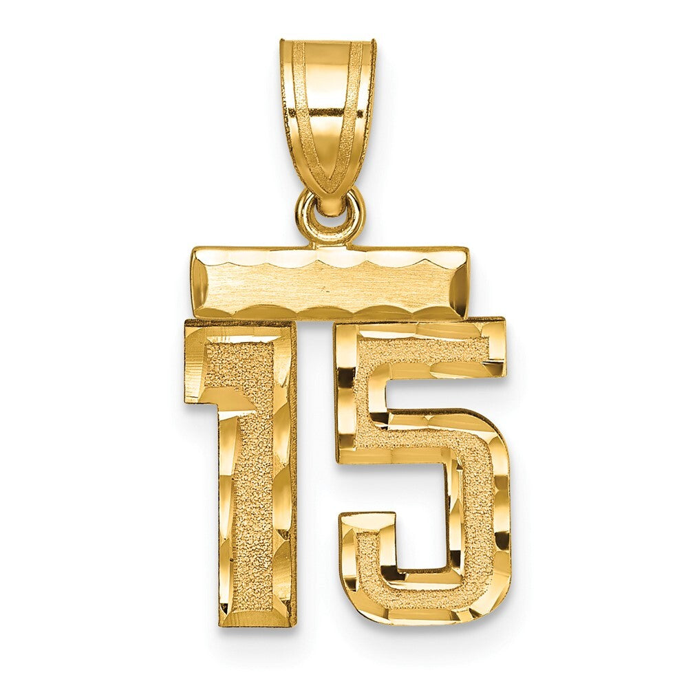 14k Yellow Gold Small Brushed Diamond-cut Number 15 Charm Pendant for Women