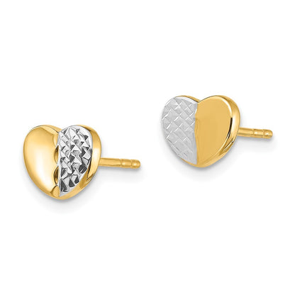 14k Yellow Gold & Rhodium Diamond-Cut Heart Stud Earrings Gift for Women