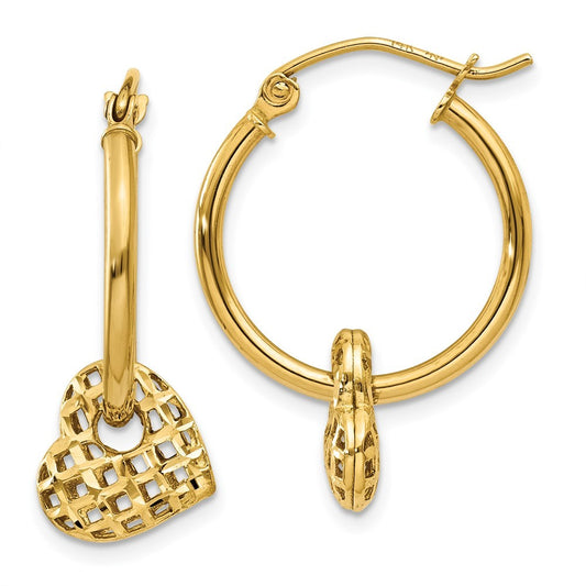 14k Yellow Gold Moveable Heart Hoop Earrings