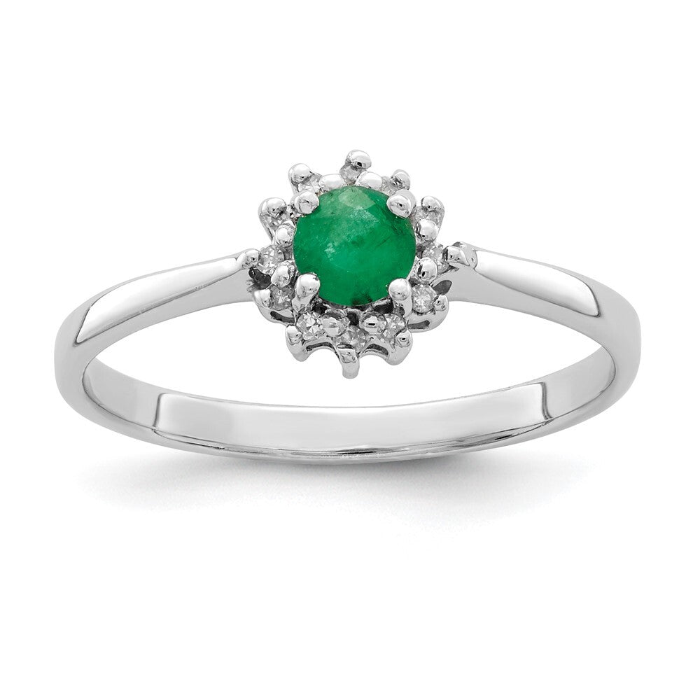 Sterling Silver Rhodium-plated Round Emerald & Diamond Ring Size 7