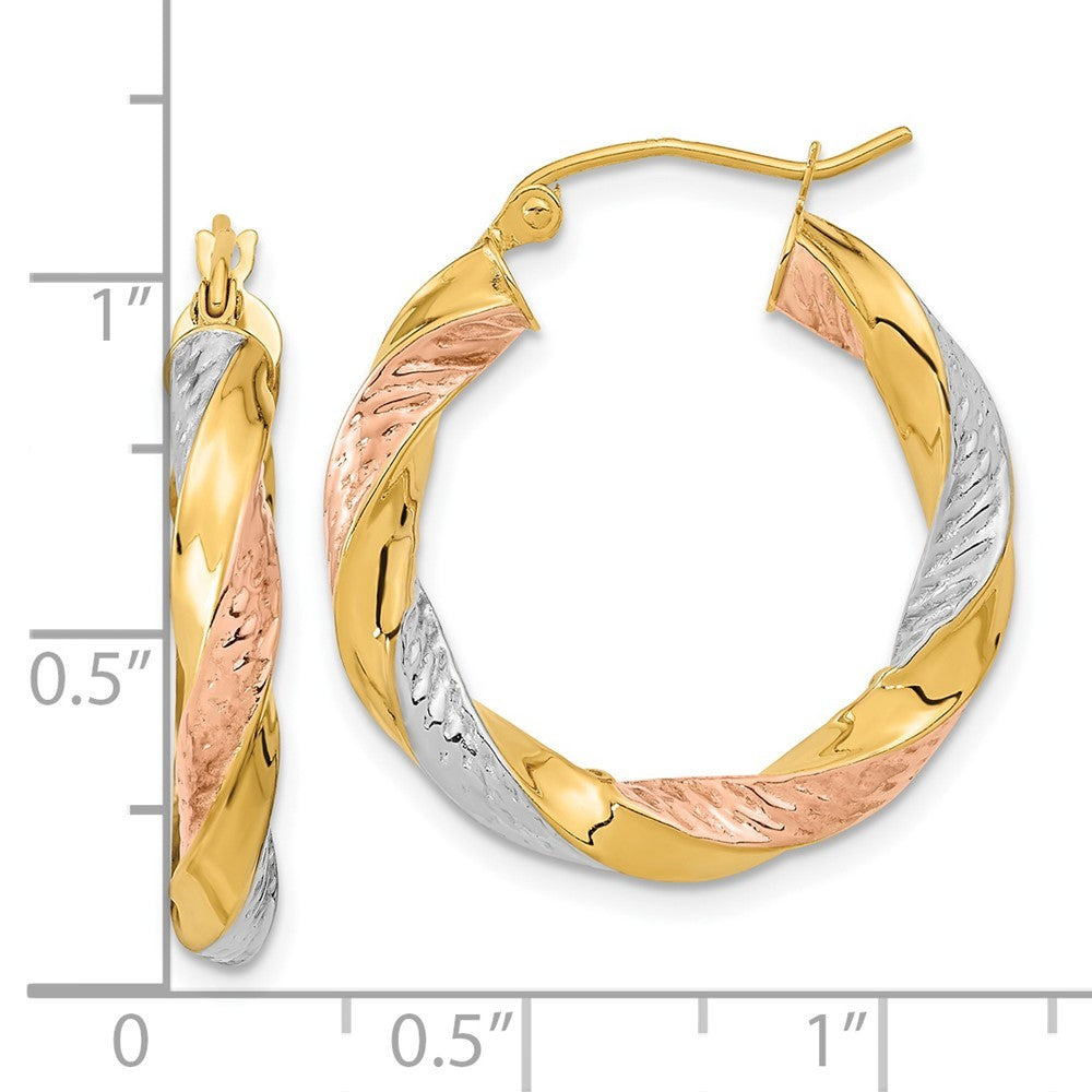14k Yellow Gold w/ White/Rose RH Polished & Diamond-Cut Twist Hoop Earrings