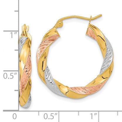 14k Yellow Gold w/ White/Rose RH Polished & Diamond-Cut Twist Hoop Earrings