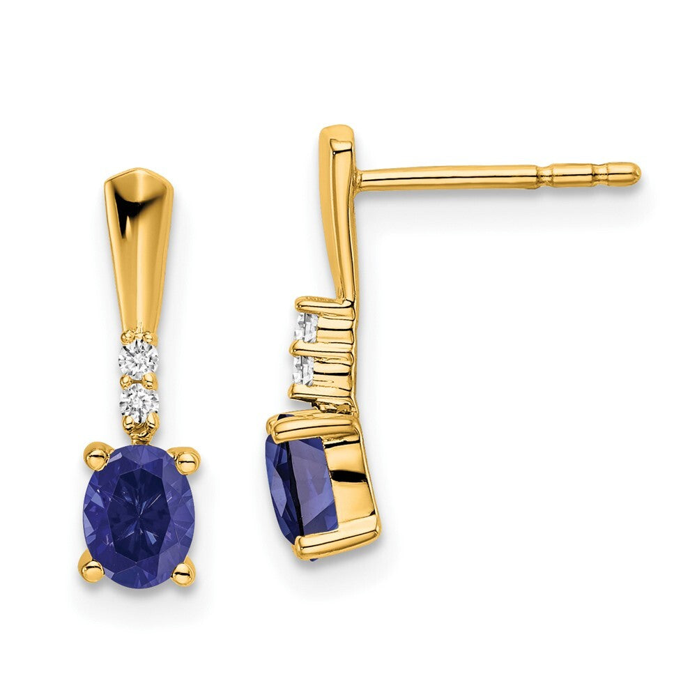 14k Yellow Gold Oval Created Sapphire and Diamond Dangle Earrings