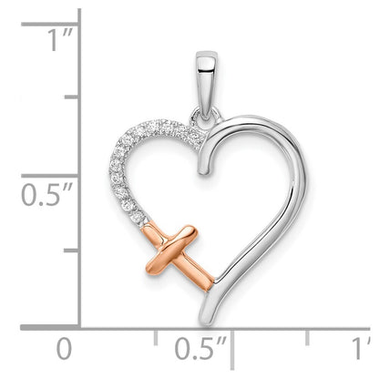 14k Two-tone Gold White and Rose Heart Cross Diamond Pendant