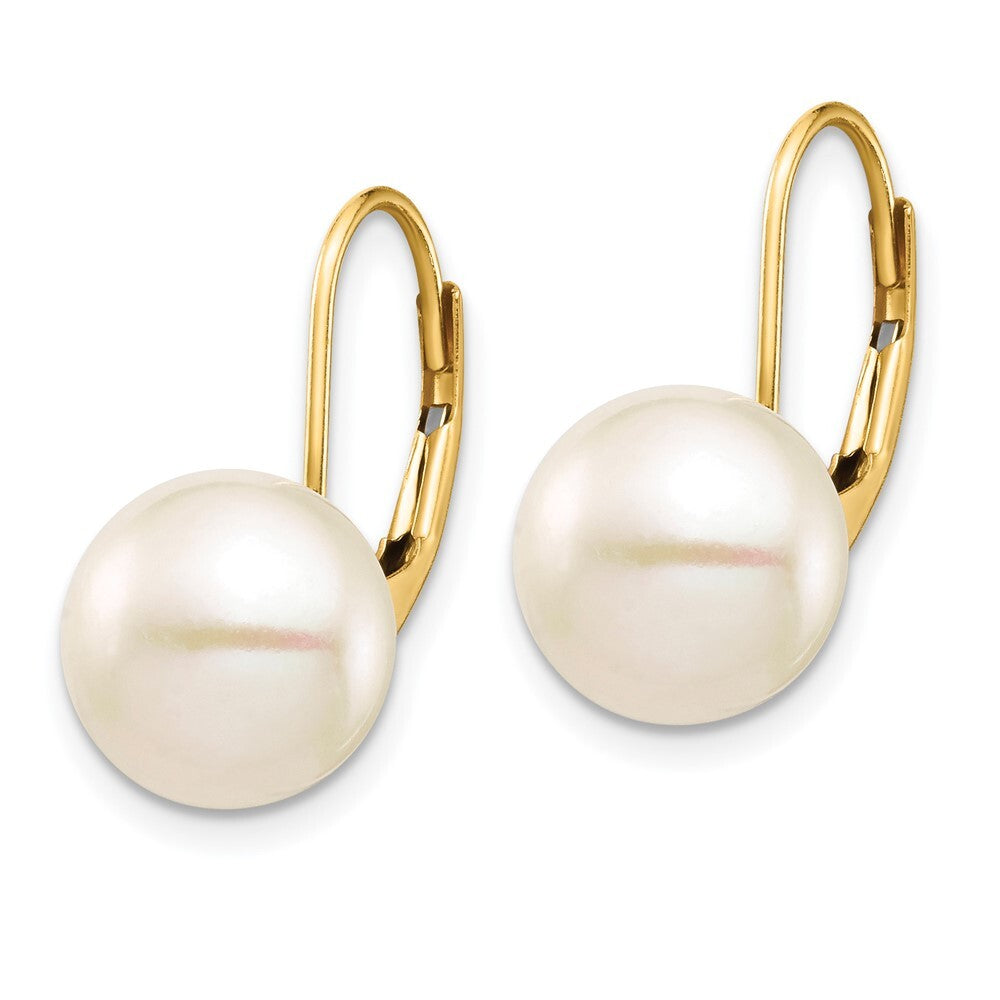 14k Yellow Gold 9-10mm White Button Freshwater Cultured Pearl Leverback Earrings