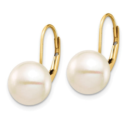 14k Yellow Gold 9-10mm White Button Freshwater Cultured Pearl Leverback Earrings