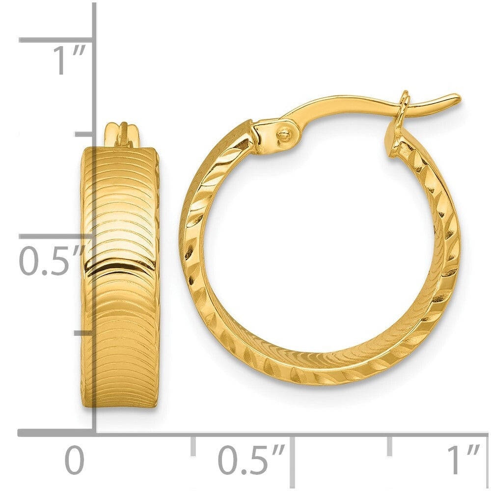 14k Yellow Gold Polished 5.0 x 18mm Diamond-Cut Textured Tube Hoop Earrings