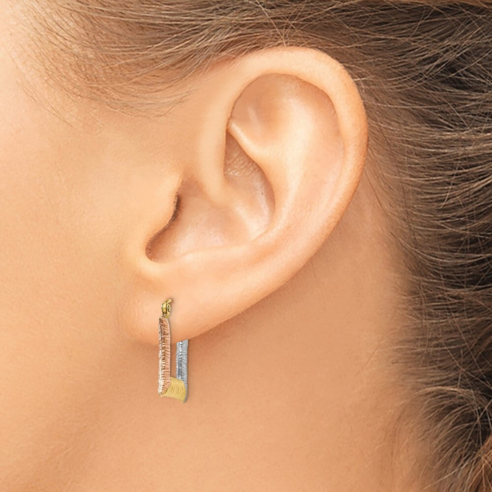 14k Yellow Gold & White & Rose Rhodium Hollow Textured Square Hoop Earrings