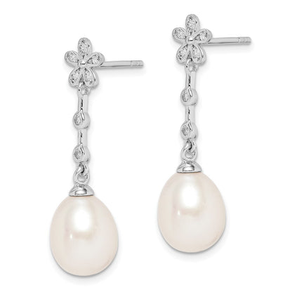 Sterling Silver 9mm Rice Cultured Pearl & Cubic Zirconia Flower Dangle Earrings