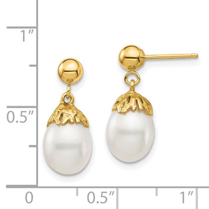 14k Yellow Gold 7-8mm White Rice Freshwater Cultured Pearl Dangle Earrings