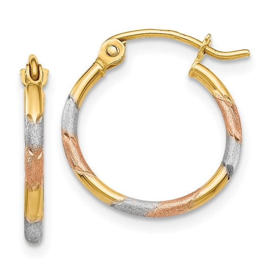 14k Yellow Gold w/White and Rose Rhodium 1.5mm Satin & Diamond-Cut Hoop Earrings