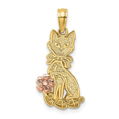 14k Two-tone Gold Sitting Cat  Bow and Flower Charm Pendant for Women