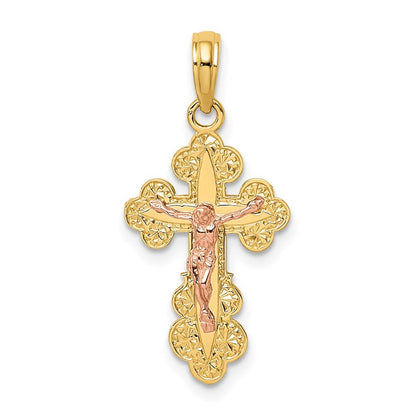 14k Two-tone Gold Crucifix  Scallop Trim Charm Pendant for Women