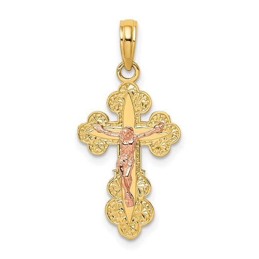 14k Two-tone Gold Crucifix  Scallop Trim Charm Pendant for Women