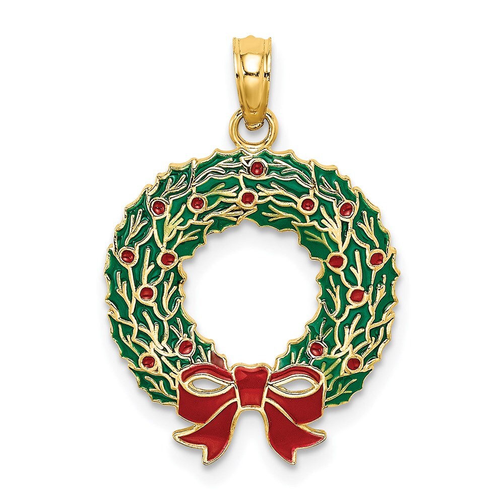14k Yellow Gold Enamel CHRISTMAS WREATH Charm Pendant for Women