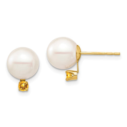 14k Yellow Gold 8-8.5mm Freshwater Cultured Pearl & Citrine Earrings