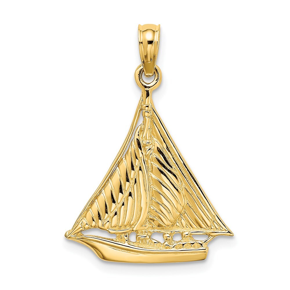 14k Yellow Gold Polished and Textured Sailboat Charm Pendant for Women