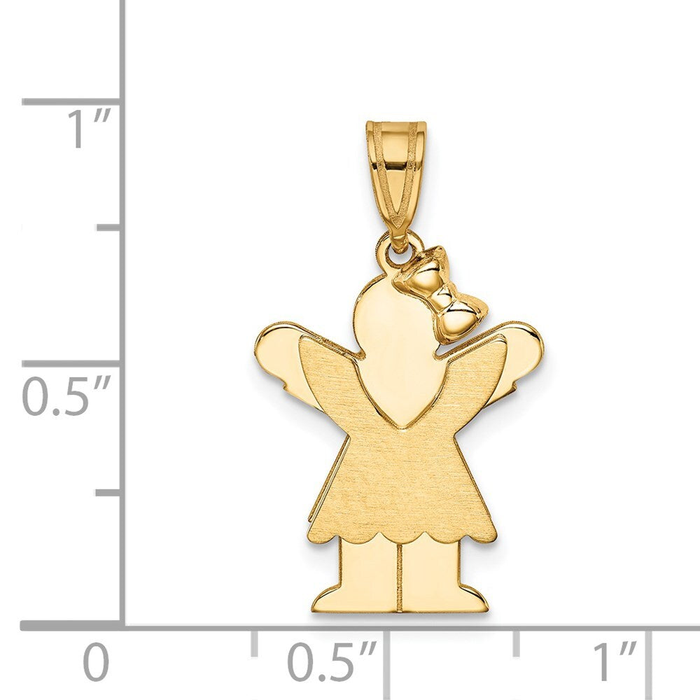 14k Yellow Gold Solid Engravable Girl with Bow on Right Charm Pendant for Women