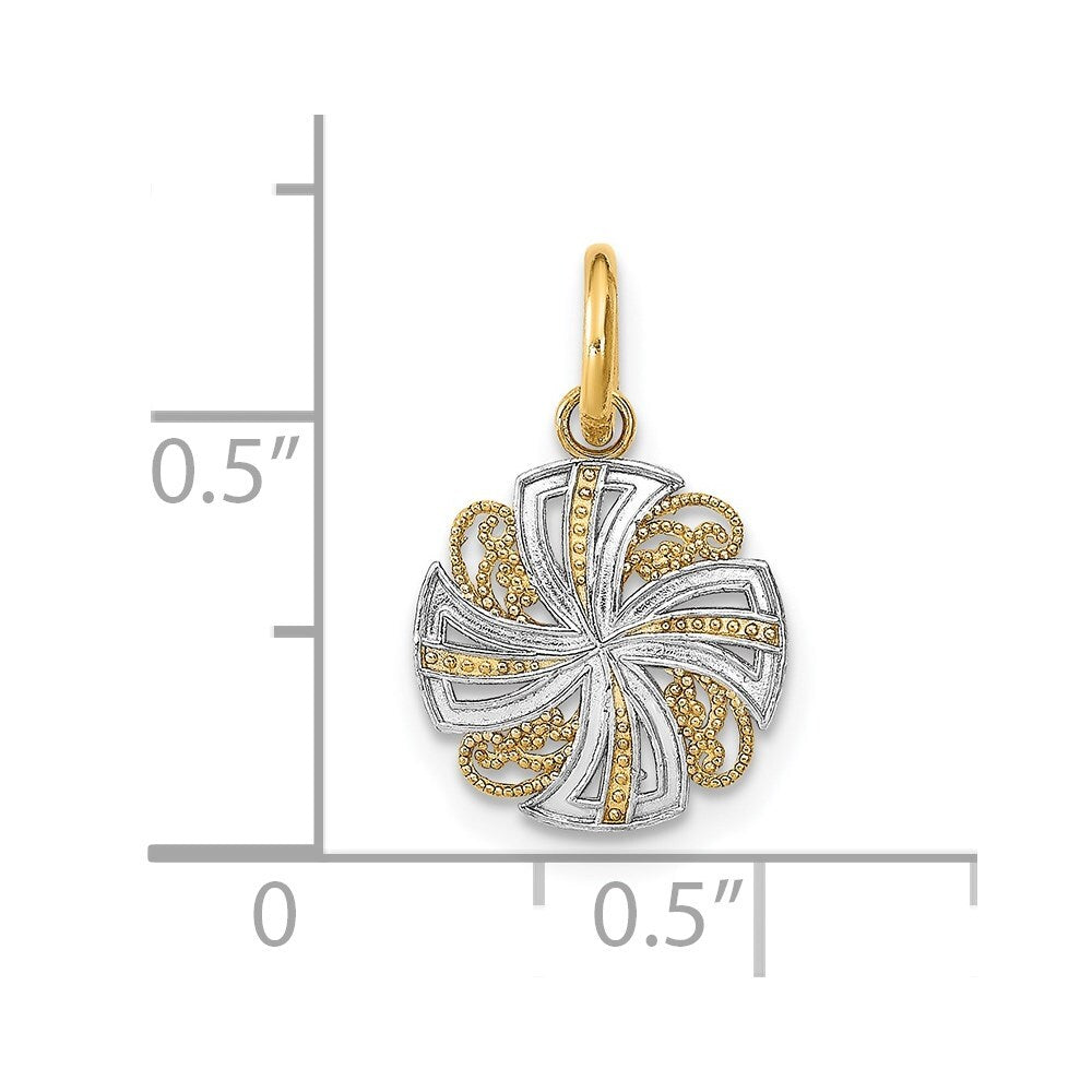 14k Yellow Gold Rhodium and Diamond-Cut Mini Pinwheel Medallion Charm Pendant