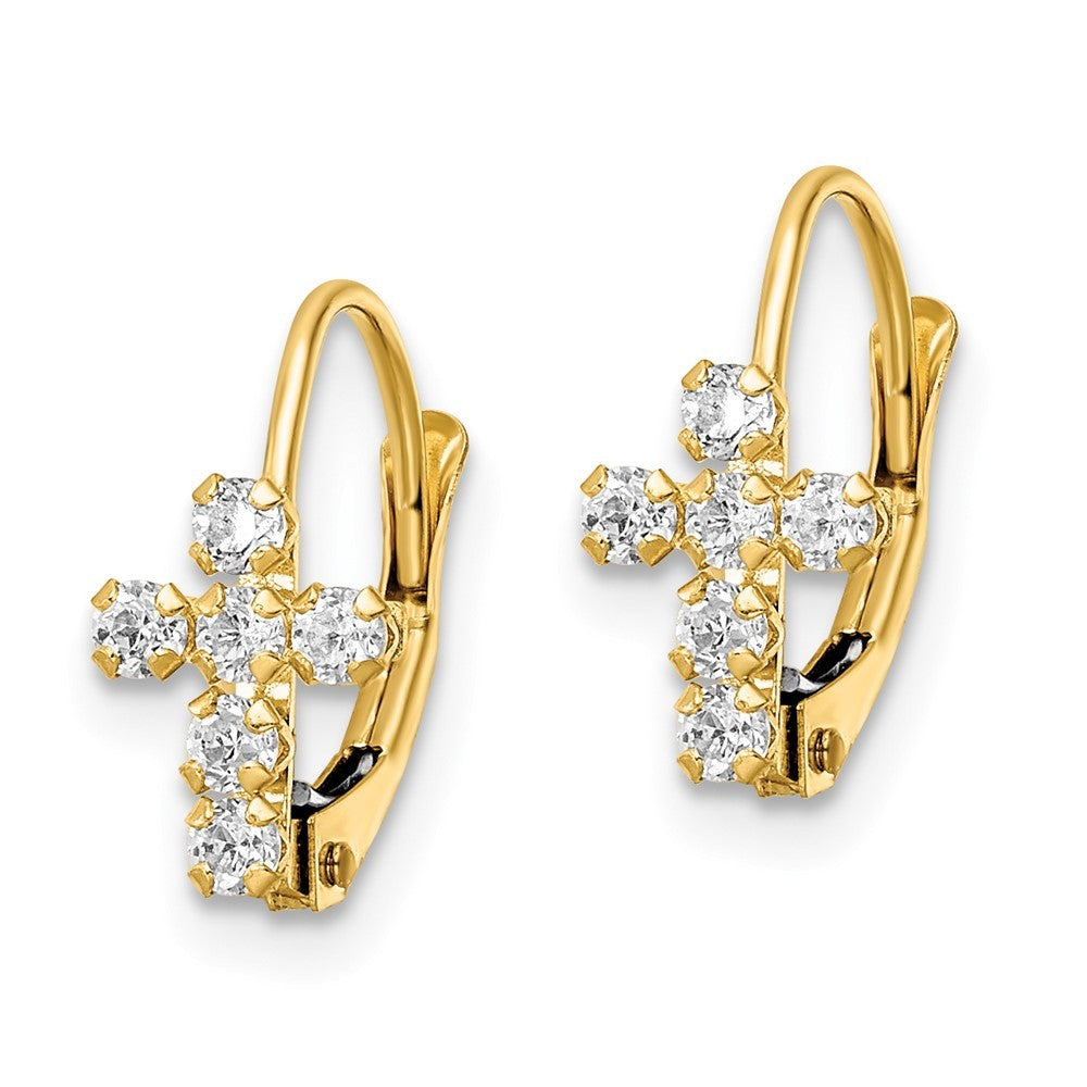 14k Yellow Gold CZ Polished Leverback Cross Earrings