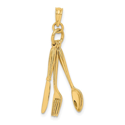 14k Yellow Gold 3-D Moveable Knife, Fork, and Spoon Charm Pendant for Women
