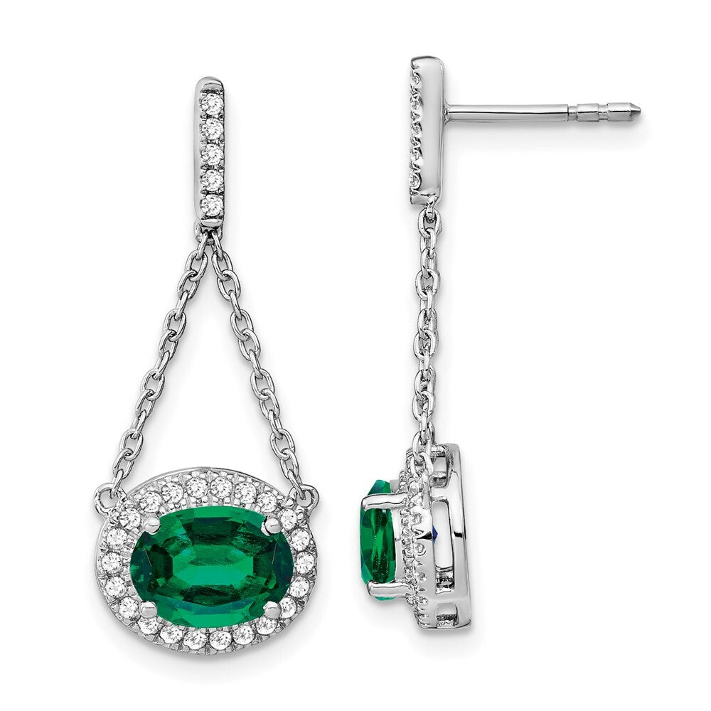 14k White Gold Oval Created Emerald and Diamond Dangle Earrings