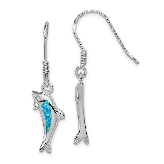 Sterling Silver Rhodium-plated  Created Blue Opal Inlay Dolphin Dangle Earrings