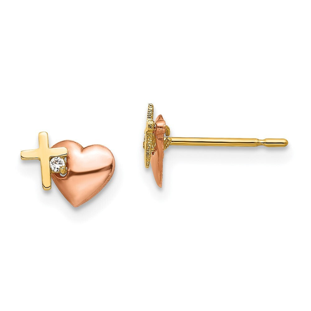 14k Yellow & Rose Gold Cubic Zirconia Heart and Cross Stud Earrings