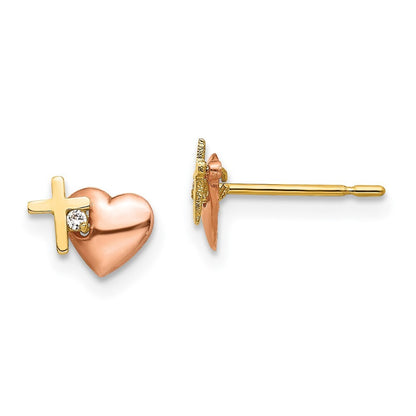 14k Yellow & Rose Gold Cubic Zirconia Heart and Cross Stud Earrings