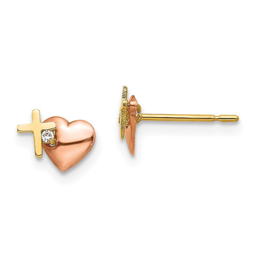 14k Yellow & Rose Gold Cubic Zirconia Heart and Cross Stud Earrings
