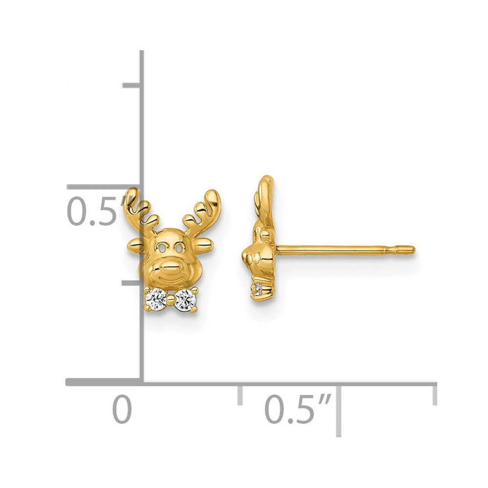 14k Yellow Gold Polished Cubic Zirconia Reindeer Stud Earrings Gift for Women