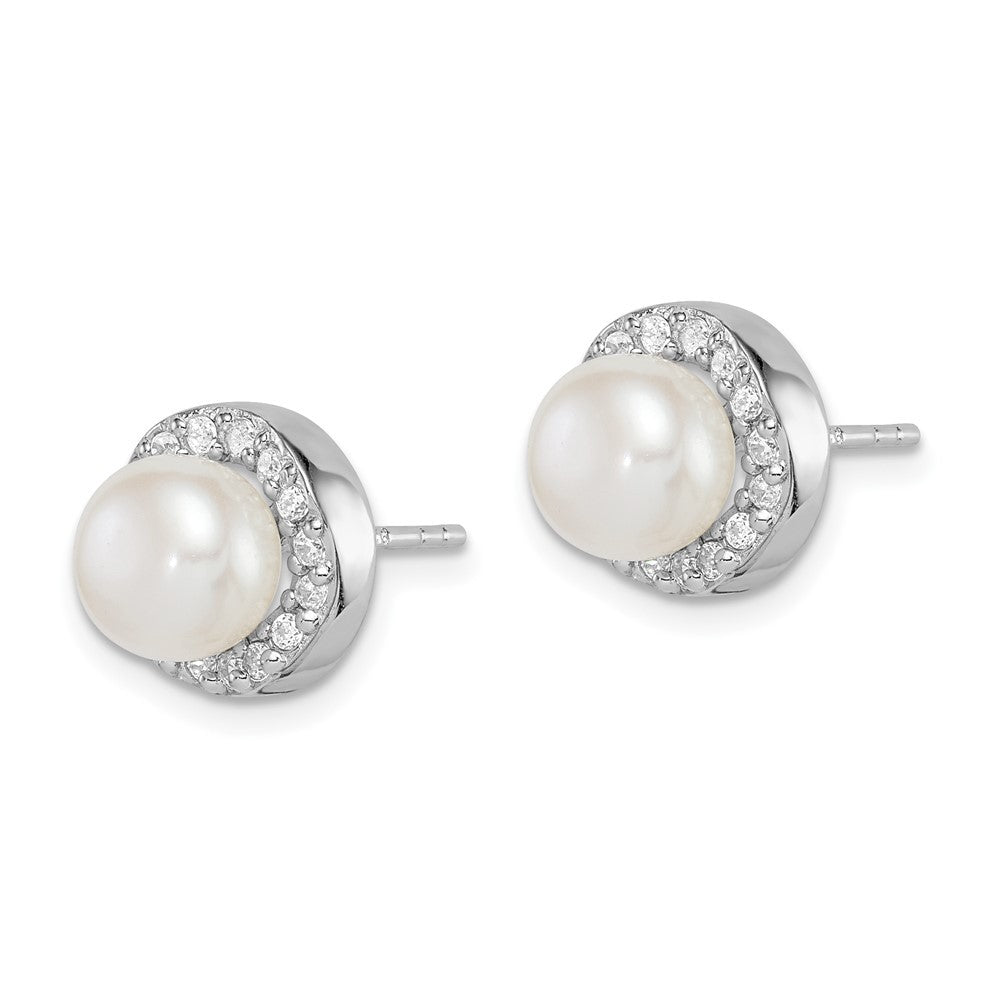 Sterling Silver 7-8mm Freshwater Cultured Pearl and CZ Earrings