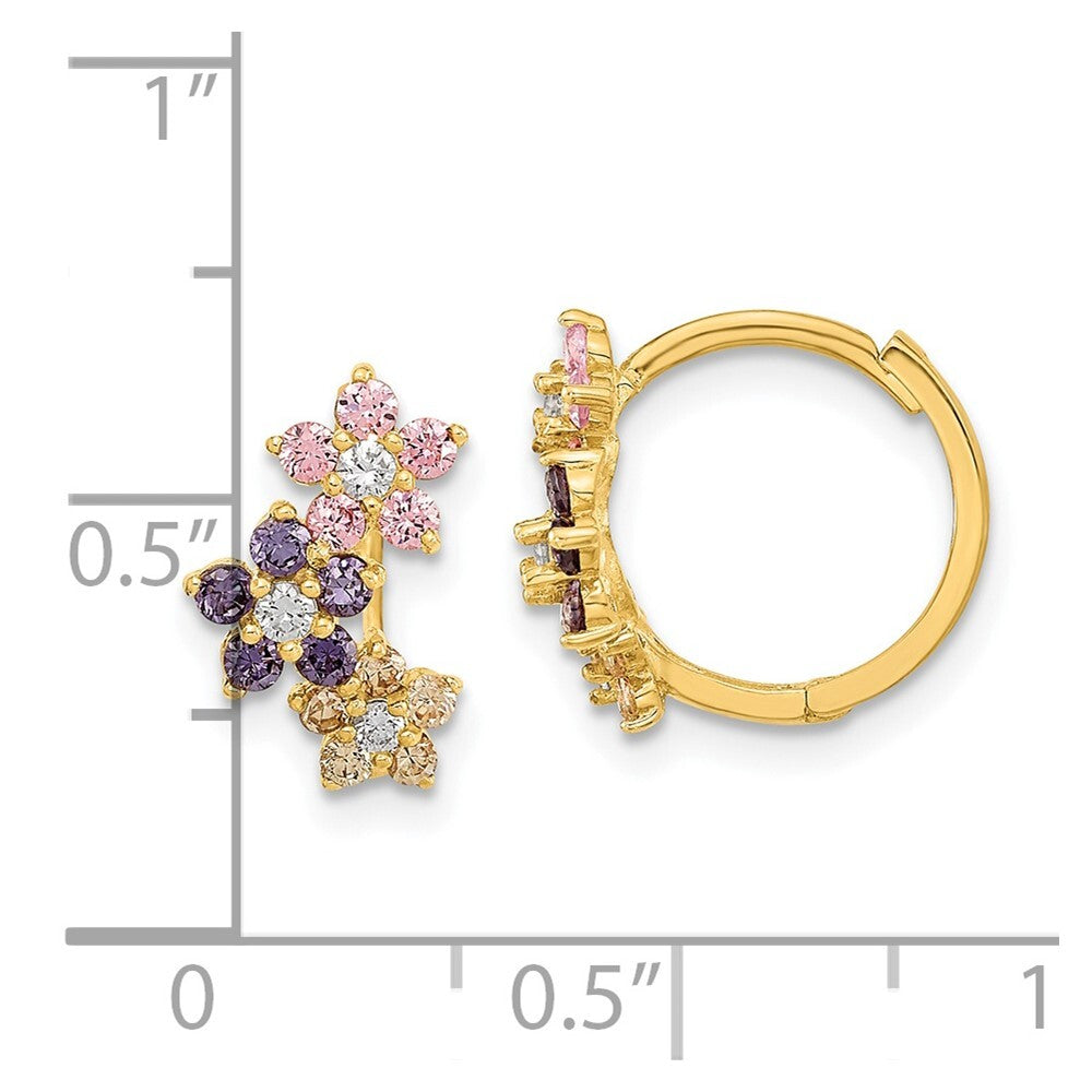 14k Yellow Gold Hinged Flower Multicolor Cubic Zirconia Hoop Earrings