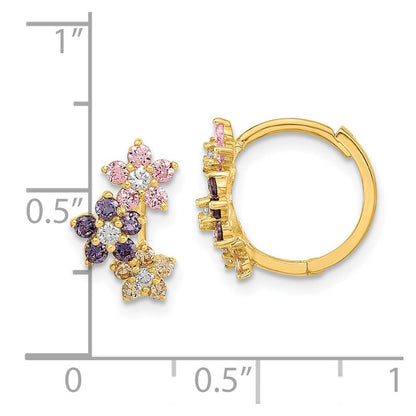 14k Yellow Gold Hinged Flower Multicolor Cubic Zirconia Hoop Earrings