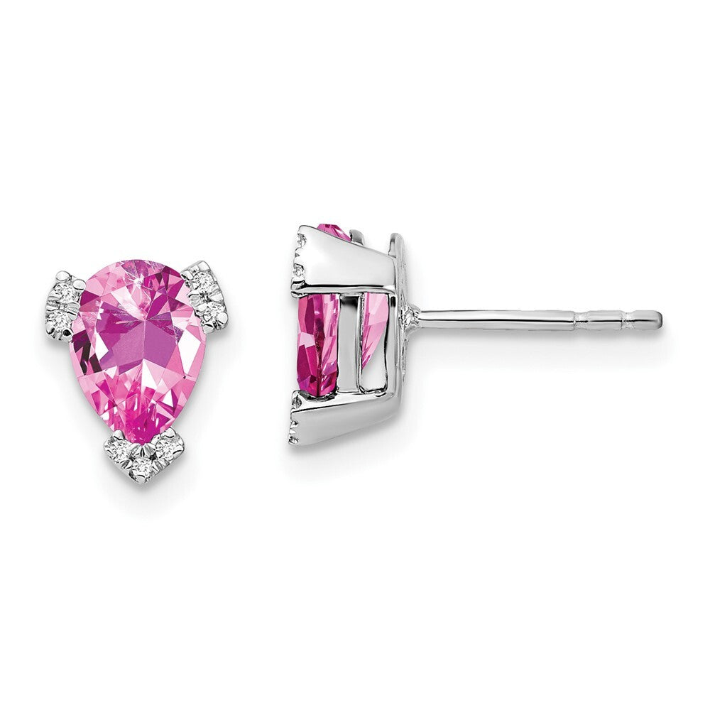 14k White Gold Pear Created Pink Sapphire and Diamond Stud Earrings