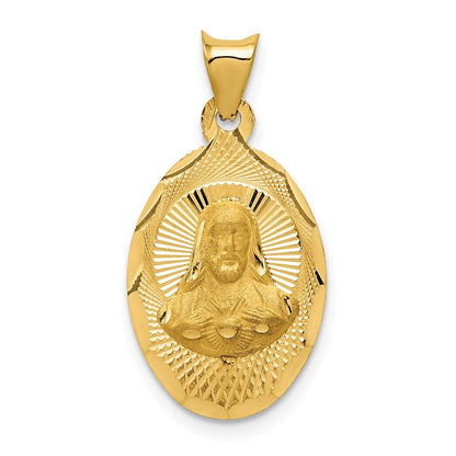 14k Yellow Gold Polished Diamond-Cut Sagrado Corazon Oval Pendant for Women